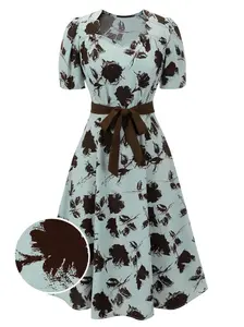 Vintage 1940s Blue Floral Dress with Bow Belt & Puff Sleeves Knee Length Summer Holiday Style 100% Polyester Machine Washable
