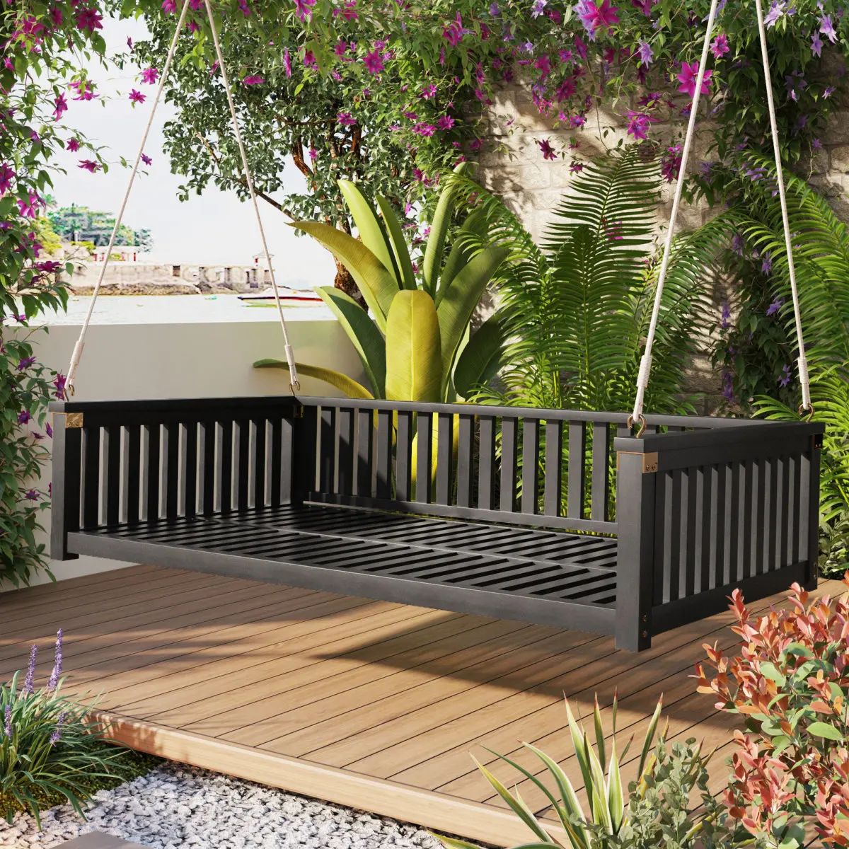 TOPMAX Modern Black Acacia Wood Minimalist Twin Swing Bed for Adults - Sturdy Patio Porch Swing, 75lb Add-On, Included Ropes, All Hardware & Tools, Safe Sloped Design, Adjustable, 350lb Capacity, Assembly Required, No Fire Safety Label, Fits Twin Mattress