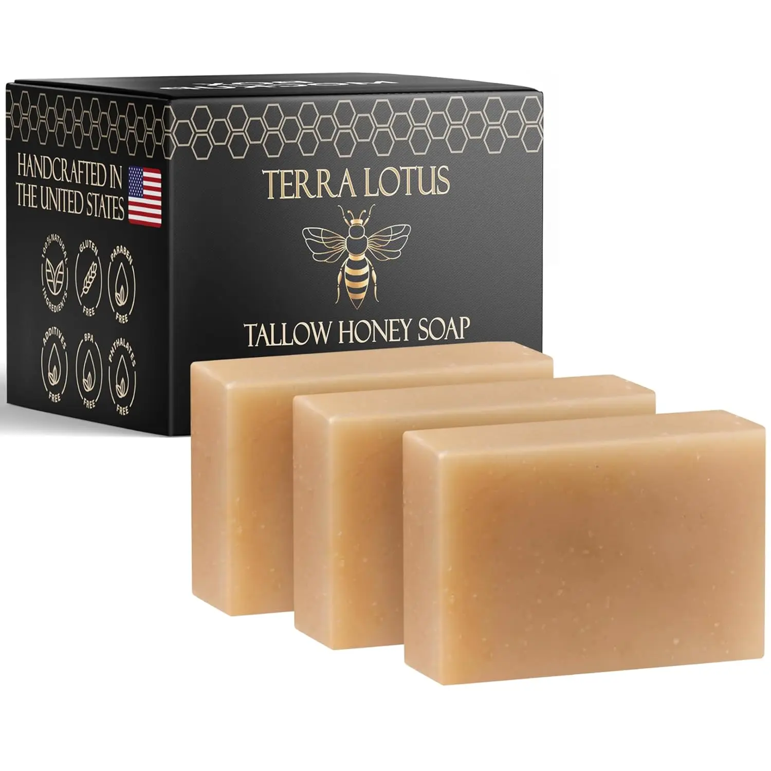 Organic Tallow Soap with Organic Castor Oil & Raw Honey - Relief for Dark Spots, Acne Marks, Hydrating & Nourishing - 3 Pack