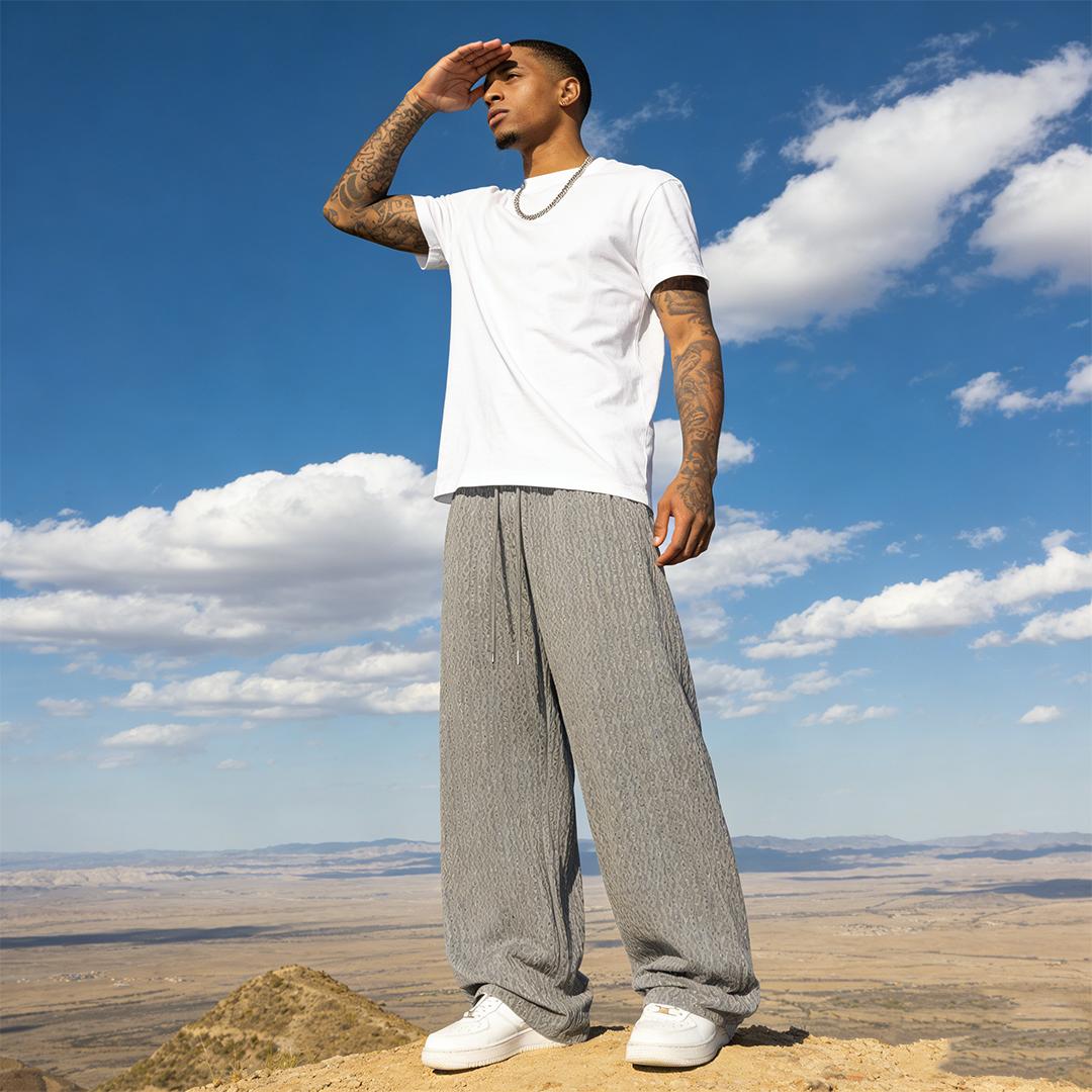 Men's Textured Waffle Knit High Waist Wide Leg Pants, Casual Loose Track Pants, Streetwear