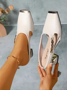 Women's High Heel Sandals, Elegant Heeled Sandals, Casual Trendy Sandals, Hollow Out Design, PU Leather Upper, Gold Chain Decorative Square Toe Shape, Comfortable Casual Shoes for Summer Parties, Rubber
