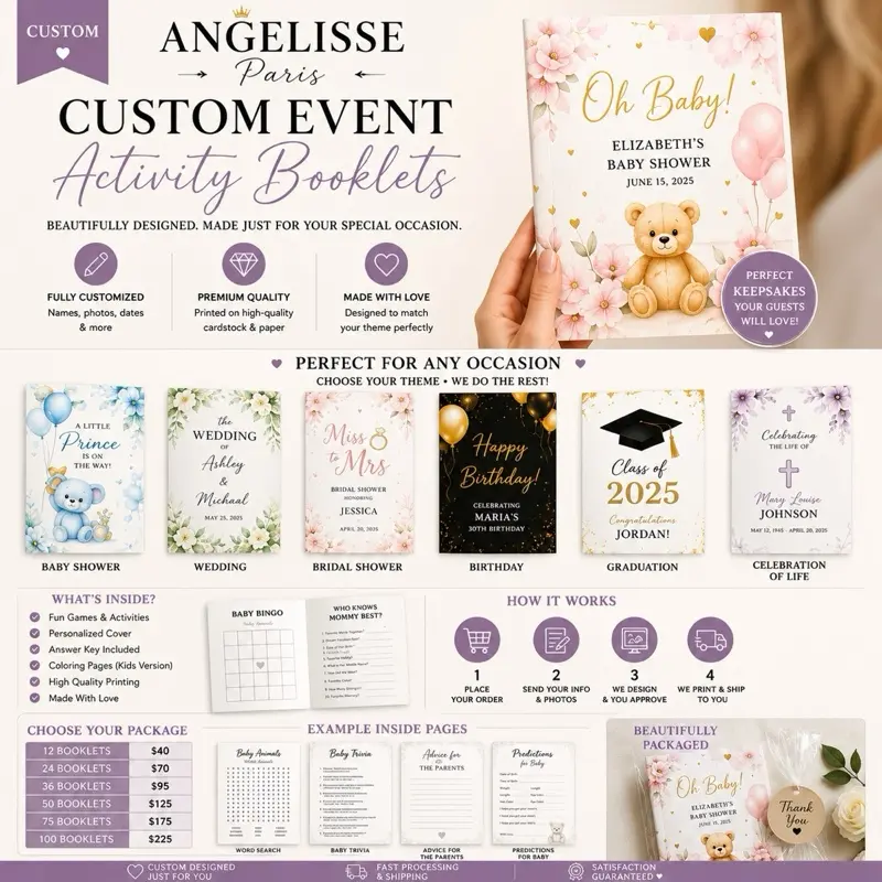 Custom Event Activity Booklets for baby Showers,Birthdays,Weddings,Bridal Showers,Graduation, celebration of life & memorial services,church events,Family Reunion,Gender Reveal ,Holiday Parties,Corporate Events,Retirement parties
