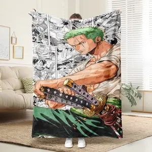 Roronoa Zoro Three-Sword Style Manga Panel Blanket, Anime Throw for Fans Green Aesthetic One Piece Zoro All-Season Blanket, Ultra-Soft Flannel Edgy Street Style Zoro Collage Blanket, Cozy Gift for One Piece Fans