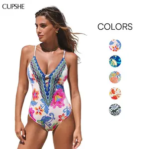 CUPSHE 【Valentine's Day】 Boho Floral One Piece | Sculpting Tummy Control Swimsuit, Plunging V-Neck & Adjustable Straps