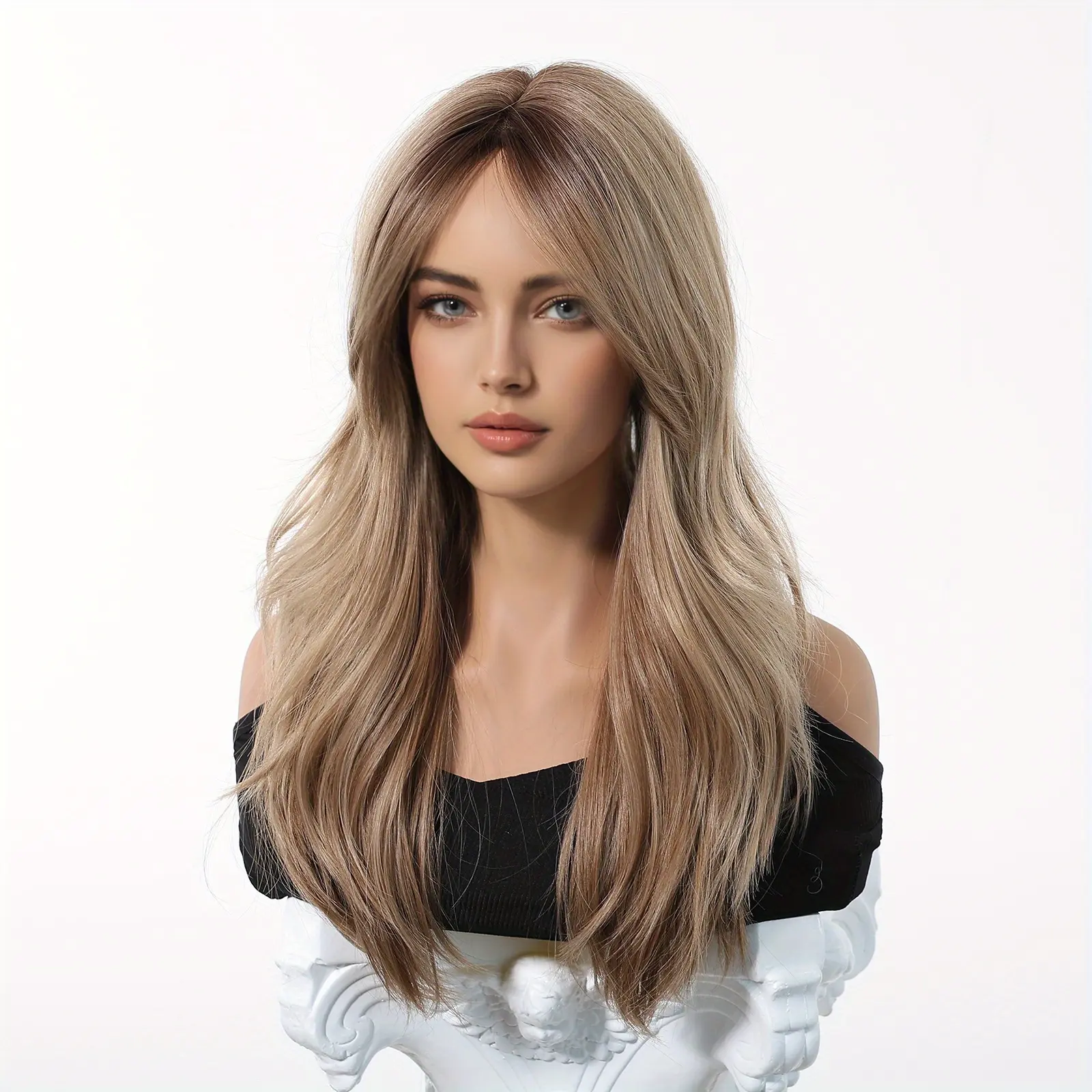 Female 24-Inch Golden Brown Loose Wave Synthetic Full Machine Wig with Bangs, Dark Roots, Glueless Heat Resistant High-Temperature Fiber Hair, Premium Lightweight Adjustable Breathable Flex Cap Fashion Accessory, Synthetic Hair, Wave Pattern