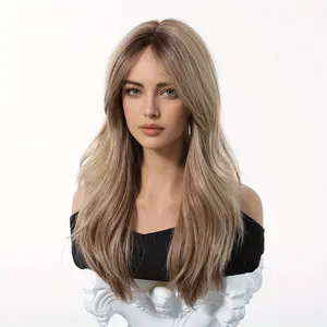 24-Inch Long Wavy Wig in Golden Brown with Bangs| Premium Quality Lightweight Luxury Wig Made from High-Temperature Fiber, Featuring an Adjustable Breathable Cap, Dark Roots, Ideal for Women
