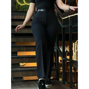 Women’s solid-color straight-leg pants with buttons, elegant high-waisted design, suitable for work, office, and business wear; ideal as autumn and winter undergarments.
