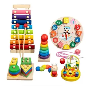 6-In-1 Wooden Montessori Toy Set for Kids, Multifunctional Interactive Durable Educational Shape Sorting Game Stacking Game Shape Sorter Stacker Toys for Boys and Girls, Perfect Birthday Gift, Early Development Creativity Activities