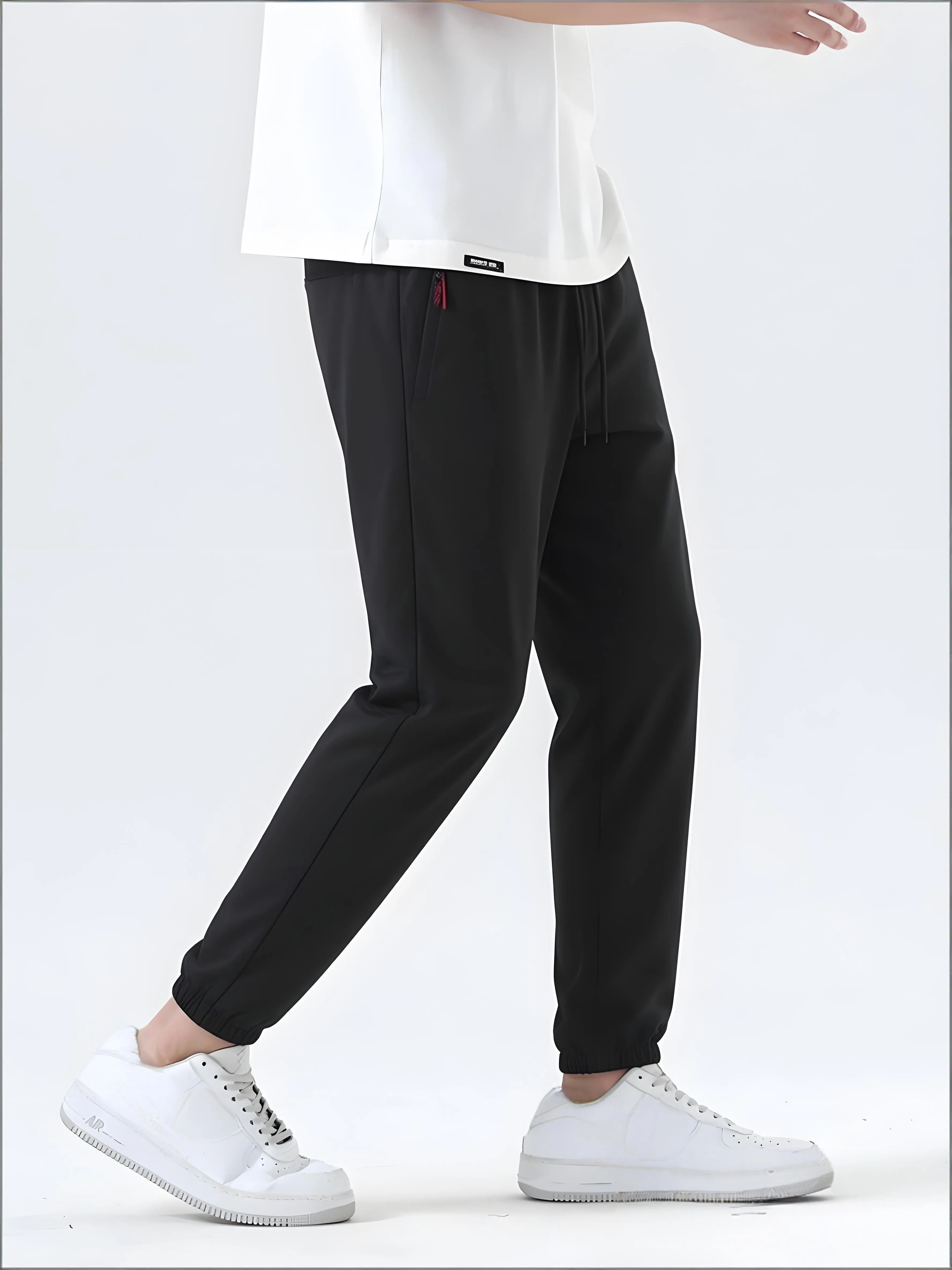 Men’s athletic jogger pants/sweatpants — long length, elastic waistband, pockets; casual, comfortable street style; stylish for jogging, home wear, outdoor activities; retro design; versatile for all seasons; cuffed men’s joggers.