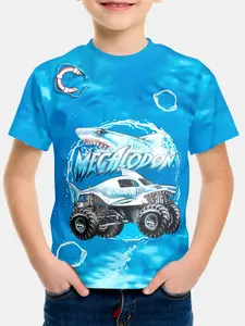 Kids' 3D Digital Print Short Sleeve T-Shirt, Unisex Ocean Megalodon Monster Truck Pattern, Casual Round Neck Top, All Seasons, Funny Graphic Tees