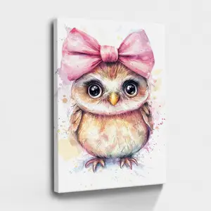 Owl, Bow, Cute Expression - Botanical, Watercolor, Children's Book Illustration, Soft Style, Wall Decor Poster for Living Room, Wood Framed Canvas Painting Photo Ornaments Artist Gifts 1pc Artwork Decoration