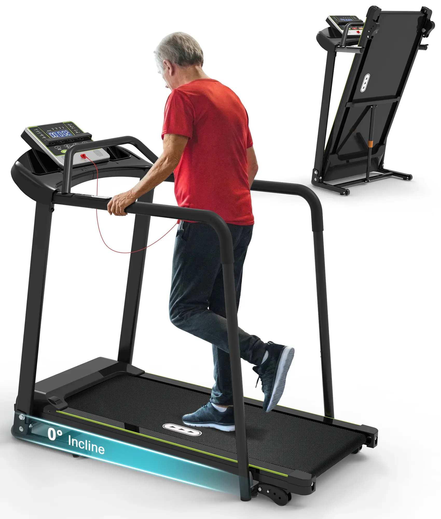 Foldable Walking Treadmill for Seniors Recovery – Long Handrails, 0.3MPH Gentle Start, 300lb Weight Limit, Fully Flat 0-2% Incline, Auto Lubricate