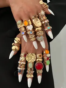 Elegant Boho Style Women's Irregular Fold Faux Gemstone Vintage Cat Eye Oil Drop Flower Heart Multi-Element Metal Ring Set