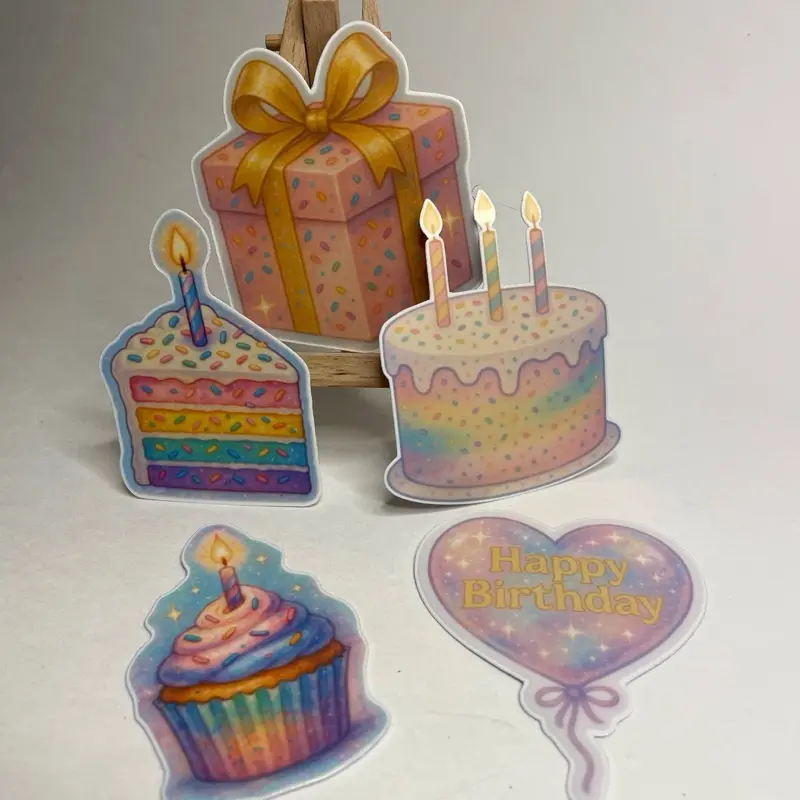 Birthday Dreams Sticker Set - 5-Piece Pastel Party Pack with Rainbow Sprinkle Cake, Starry Cupcake, Colorful Cake Slice, Happy Birthday Heart Balloon, and Spark for Festive Celebrations