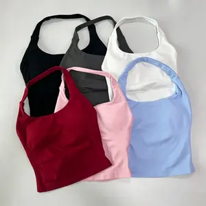 Women's Seamless Halter Top Backless Longline Strappy Gym Top for Women with Built-in Bra | Activewear Yoga Workout Tank Tops
