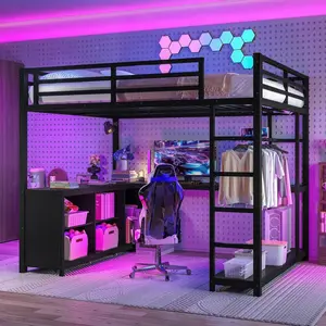 Full/Queen Size Metal Loft Bed with L-Shaped Desk with Storage Cubes and Shelves - Metal Bed for Kids Teens Adults (Black) Modern Minimalist Aesthetics Vertical Space Optimization