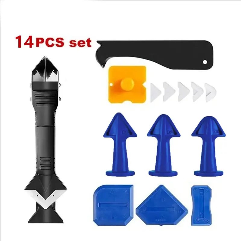 GJANSH 14Pcs Silicone Caulking Tools Set, 3-in-1 Sealant Finishing Tool with Stainless Steel Blade, Caulk Remover Scraper, Angle Grout Scraper for Bathroom, Kitchen, Window, Sink Joint
