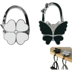Foldable Handbag Hanger Butterfly and Four Leaf Clover Design Purse Hook for Table Hangs Almost Anywhere