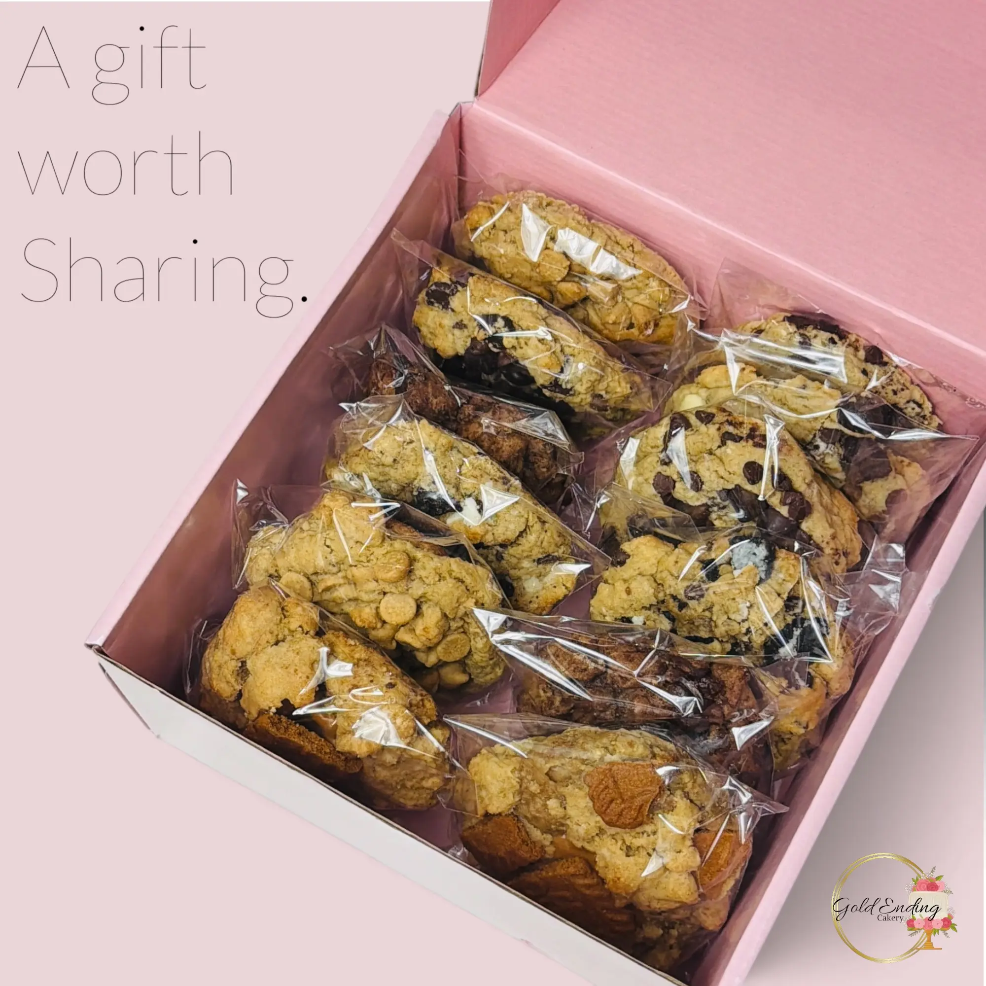 Gold Ending Cakery Gourmet Cookie Assortment, 14 Cookies – 2 lb Variety Pack with Chocolate Chip, Peanut Butter Chip, Cookies & Cream, Double Chocolate Chunk, and Cookie Butter – Gourmet Cookie Gift Box & Gift Basket for Sharing, Parties