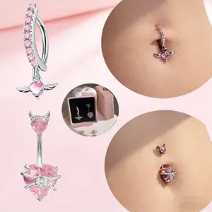 Floating Navel Ring 14G Pink Belly Piercing Jewelry Set Belly Dance Exposed Belly Button  Rings Stainless Steel Floating Navel Belly Piercing