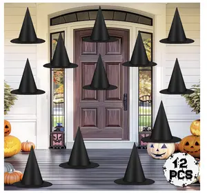 12 PCS Halloween Witch Hats, Black Hanging Witch Hat, Witch Costume Accessories Witches Hats with 328 FT Nylon Cord Wizard Hats Indoor Outdoor Halloween Decorations for Home Yard Porch Ceiling