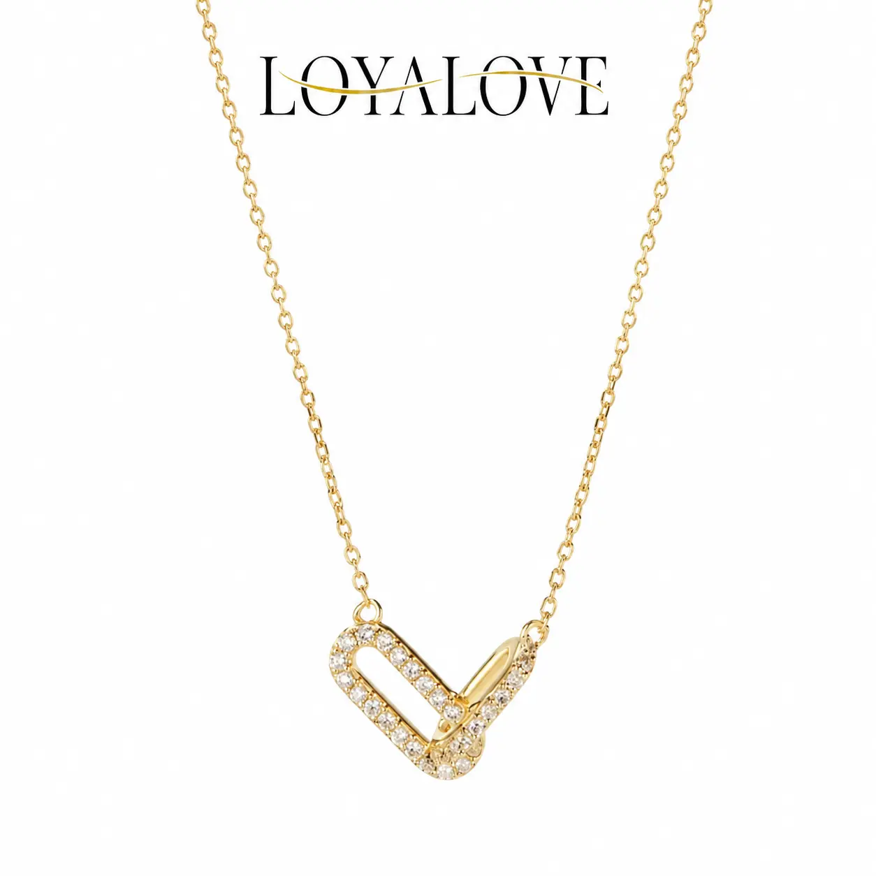 LOYALOVE Dainty Gold Interlocking Link Pendant Necklace for Women, Sparkling Crystal Minimalist Necklace, Trendy Everyday Jewelry, Gift for Her