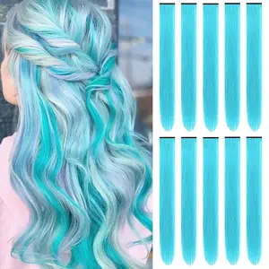 10Packs Colored Hair Extensions 22Inch Straight Color Clip in on Hair Extension Rainbow Party Highlights Synthetic Hairpiece for Girls