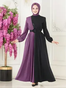 Fashion Women's Casual Patchwork Colorblock Cinched Waist Long Robe Dress, Stylish Long Sleeve Maxi Dress for Spring & Fall, Muslim Women Gowns