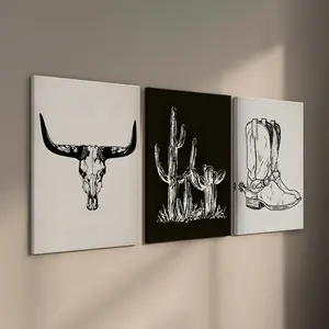Striking Set of 3 Cowboy Western Wall Prints - Exquisite Black and White Southwest Decor for a Minimalist Gallery Wall. These Breathtaking Southwest Landscape Artworks are Perfect for Elevating Your Home Decor