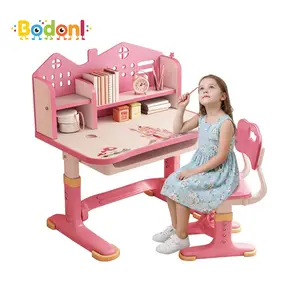 Kids Functional Desk Chair Set, Height Adjustable Children School Study Desk with Castle Backboard, Widened Desktop, Bookstand and Storage Drawer (Pink)