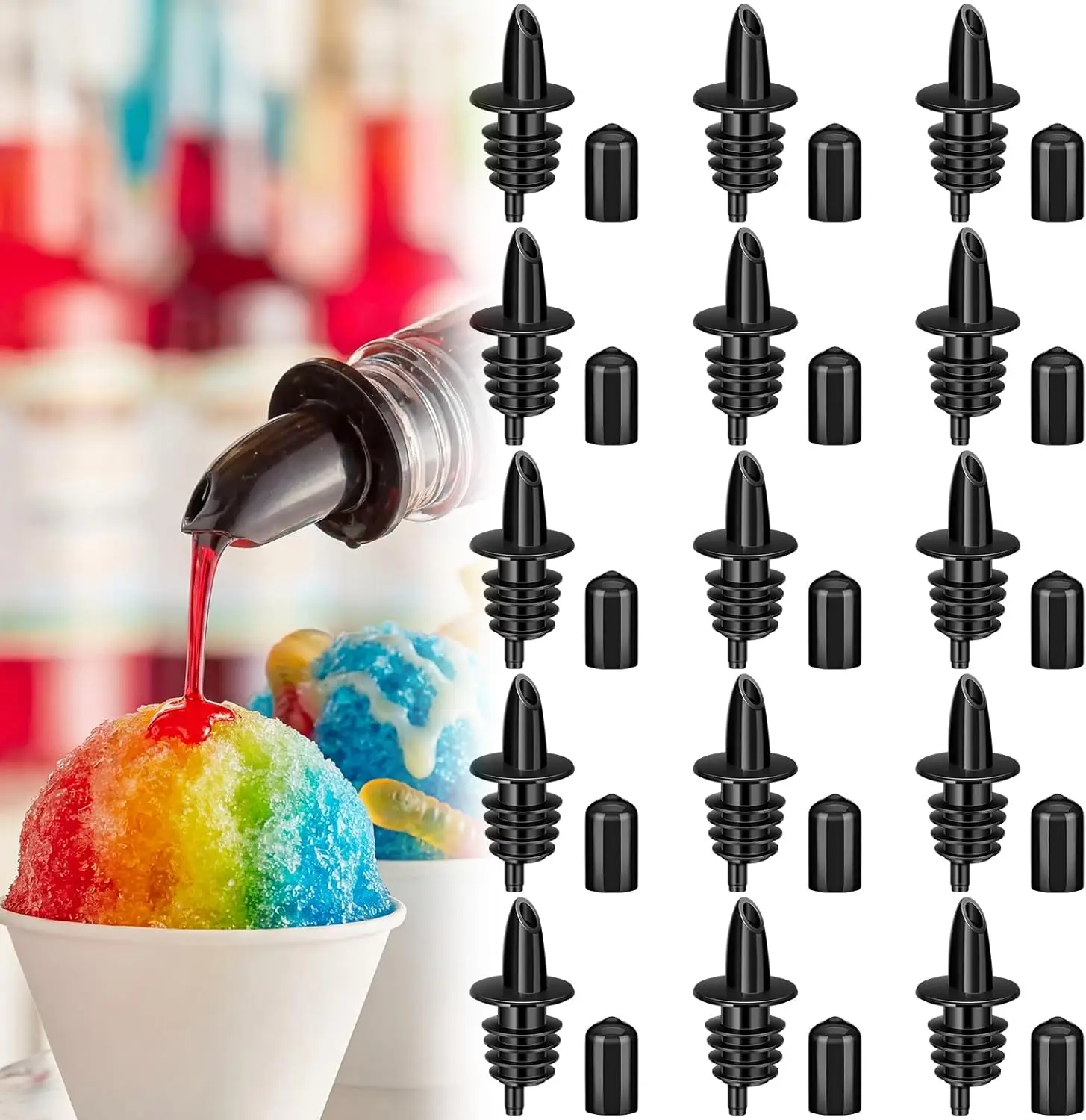 30 Pcs Bottle Pourers Syrup Pour Spouts Including Snow Cone Syrup Alcohol Liquor Bottle Pourers and Rubber Dust Cap Covers Dispenser Accessories