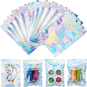 100pcs Holographic Resealable Bags, Laser Smell Proof Mylar Bags for Small Business Packaging, Smell Proof Pouch with Clear Window for Jewelry Candy Lip Gloss, Rainbow Shiny Foil Zip Lock Bags, Waterproof Resealable Packaging Pouches for Sample Bags