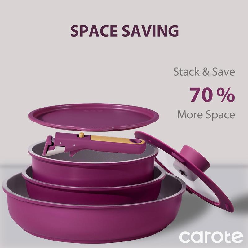 CAROTE Ceramic Pots and Pans Set, Nonstick Cookware Set Detachable Handle, 6pcs Induction Kitchen Cookware Sets Non Stick with Removable Handle, RV Cookware Set, Oven Safe, Purple