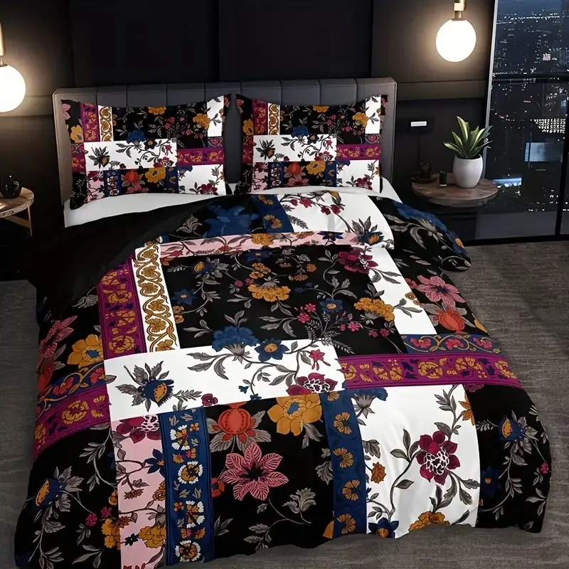 3pcs Small Floral Pattern Print Quilt Set, Soft Polyester Fabric, Zipper Design, Modern Style Bedding Essentials, Bed Sets