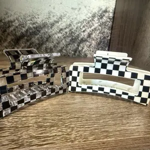 Checkered Claw Clip - Stylish Black & White Checkerboard Design for Secure Hair Styling