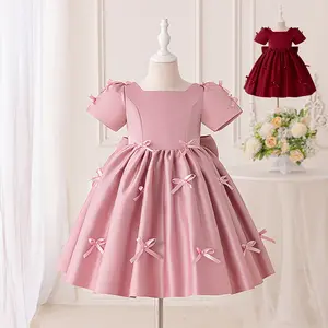 3-8Y Pink 6015 Big Bow Kids Clothes Maroon Flower Girls Frock Ball Gown Pageant Children Elegant Princess Prom Host Formal Evening Party Banquet Cocktail Dress