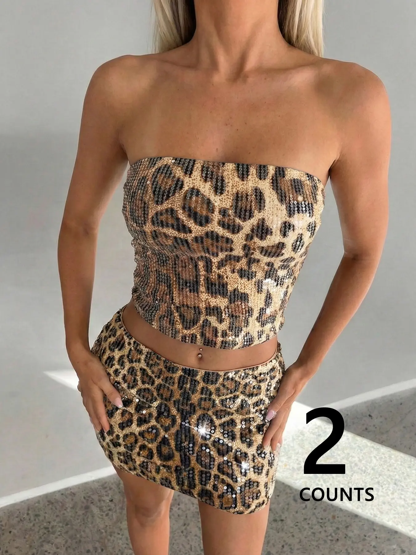 2 Piece Set Women's Leopard Print Sequin Strapless Top and Skirt, Y2K Street Style for All Seasons, Soft Knit Lining Casual