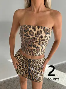 2 Piece Set Women's Leopard Print Sequin Strapless Top and Skirt, Y2K Street Style for All Seasons, Soft Knit Lining Casual