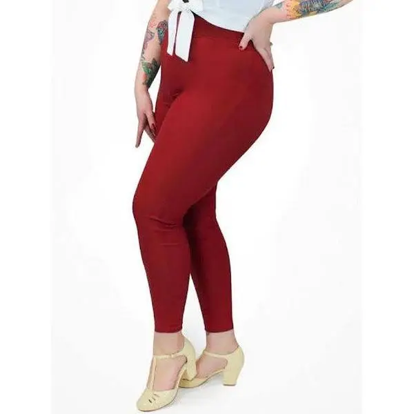 Women's Retro High-Waist Stretchy Skinny Cigarette Pants - Burgundy Solid Nylon Spandex Stretch Fabric, Basic Day Piece for Work, Casual Wear, Zipper Closure