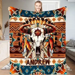 Personalized Bull Skull Blanket – Custom Name Western Throw with Feathers & Turquoise, Southwestern Tribal Pattern Bedding, Native Blankets and Throws, Indian Blankets for Men Women