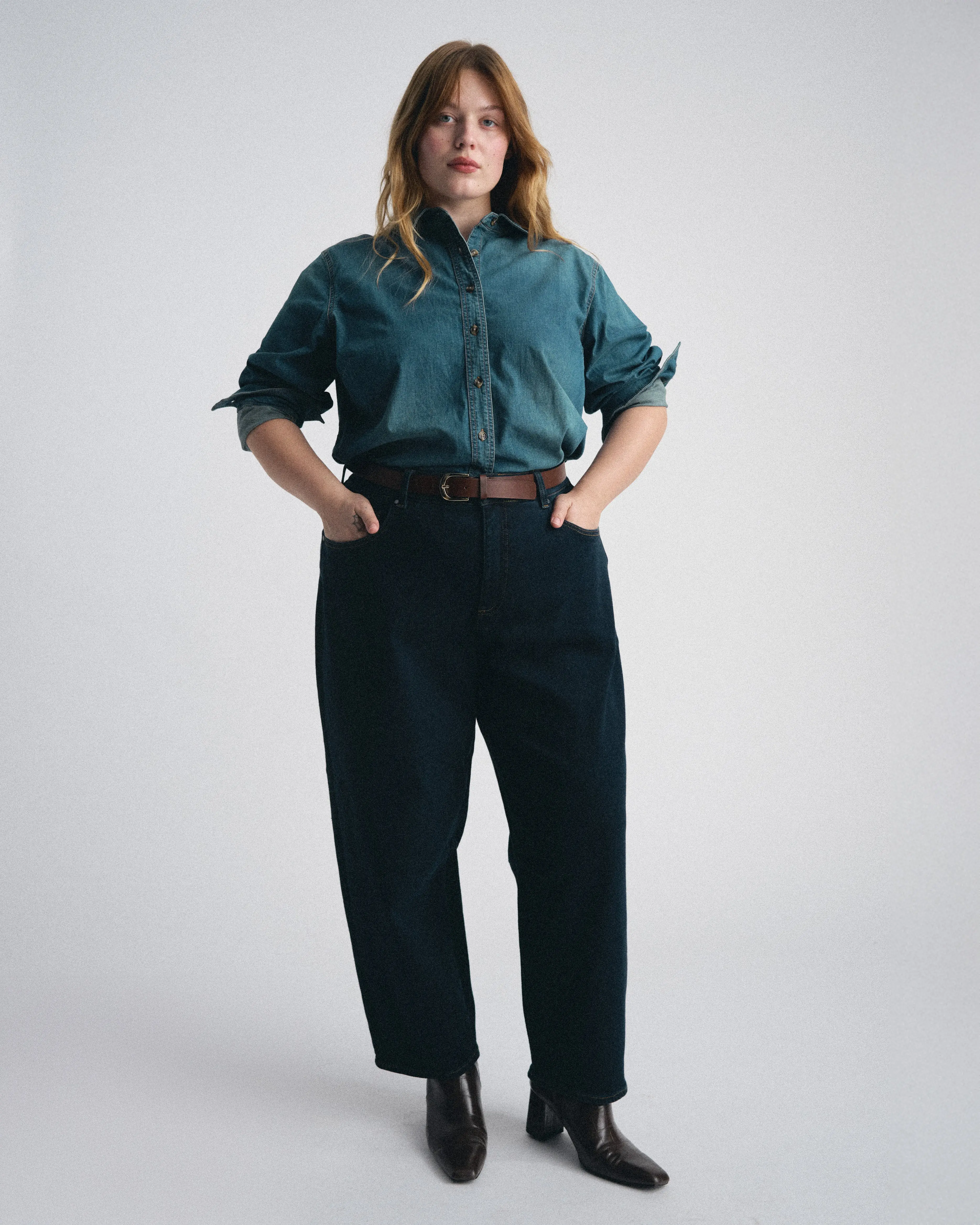 Women's High Rise Dakota Cropped Barrel Straight Leg Jeans - Dark Indigo Bottoms, Deep Pockets, Stretch Cotton Comfortable Fabric, Plus Size Denim