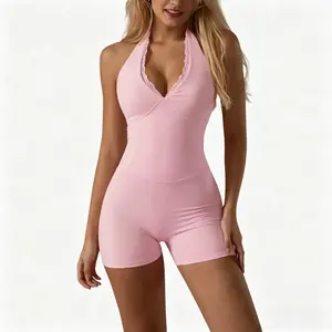 Women's Halter V Neck Yoga Romper High Stretch Seamless Tummy Control Butt Lifting Workout Bodysuit Sleeveless Quick Dry One-Piece Fitness Jumpsuit High Waist Bodycon Sportswear for Gym, Running Exercise and Daily Casual