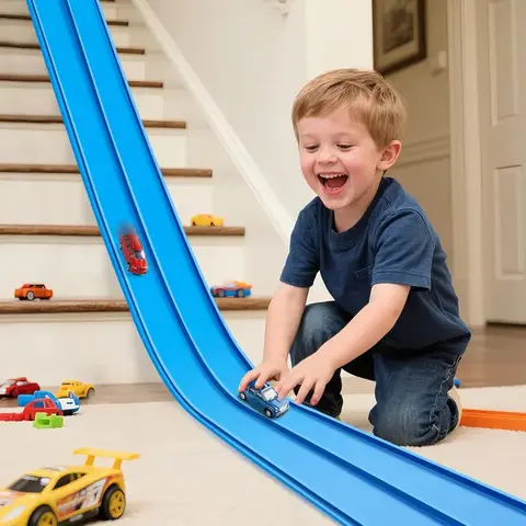 15ft Flexible Durable Unisex Car Racing Track Toyset (CJ-066) - Foldable Roll-Up Indoor Kit with 10 Suction Cups, 4 Sliding Clips, Compatible with 1/64 Diecast Cars, Portable STEM Kids Creative Play Toy, Cool Birthday Gifts for 3+ Children Development