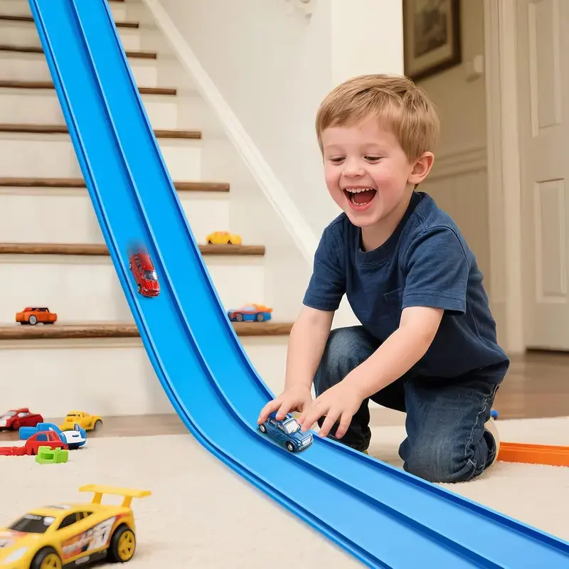 15ft Flexible Durable Unisex Race Track Kit, Foldable Roll-Up ToySet for STEM Education, Compatible with Hot Wheels & 1/64 Scale Diecast Model Cars, Portable Gift for Kids 3+