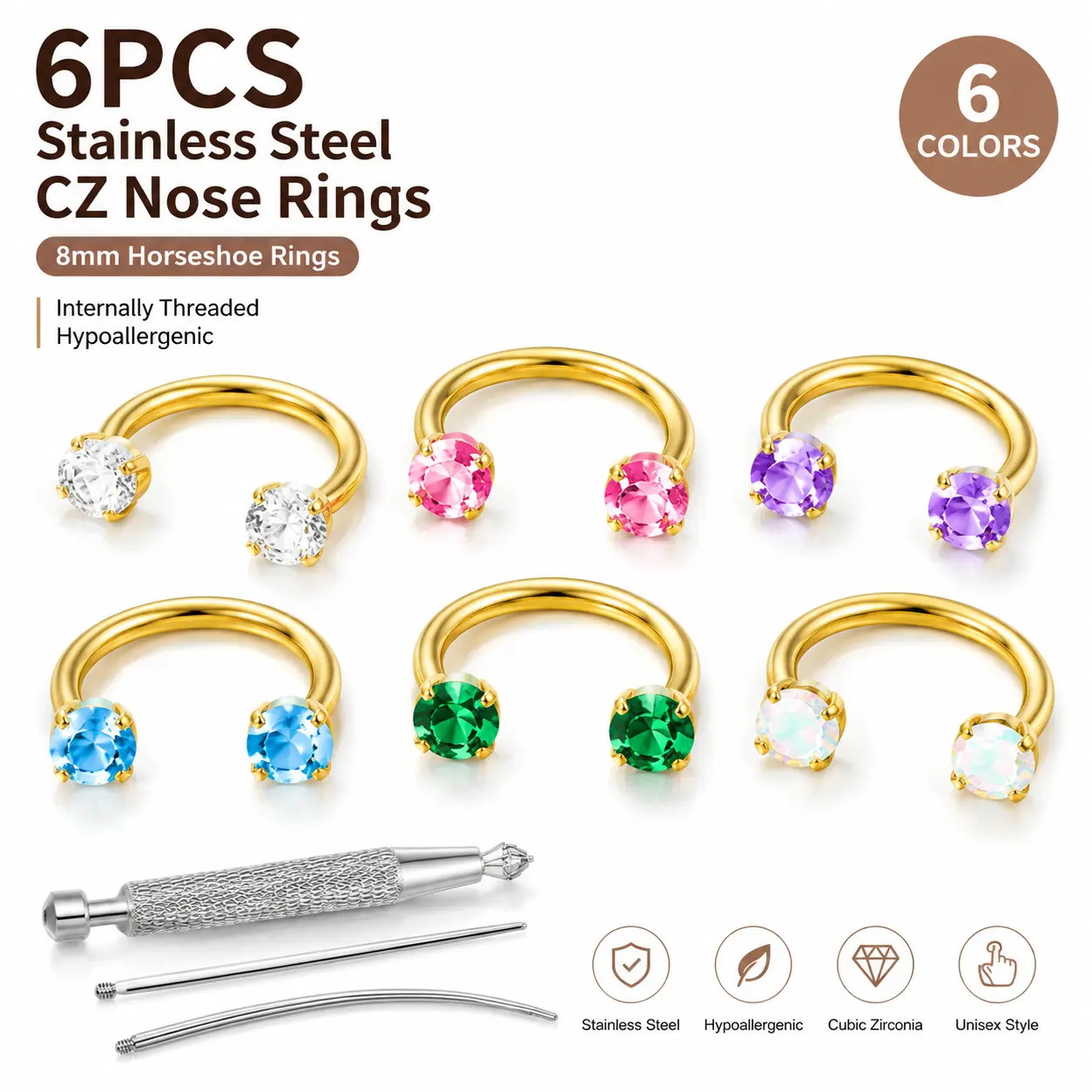 Stainless Steel CZ Nose Rings 6PCS Set, 8mm Horseshoe Hoop Nose Ring Jewelry with Cubic Zirconia, Internally Threaded Septum Piercing Rings for Nose, Lip, Ear, Tragus, Helix and Body Piercing, Hypoallergenic Unisex Fashion Jewelry Gift for Women Men