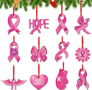 12 Pieces Breast Cancer Awareness Decorations Pink Ribbon Wooden Sign Breast Cancer Ornaments for Tree Double Sided Christmas Ornaments for Xmas Tree Party Decor(Ribbon)