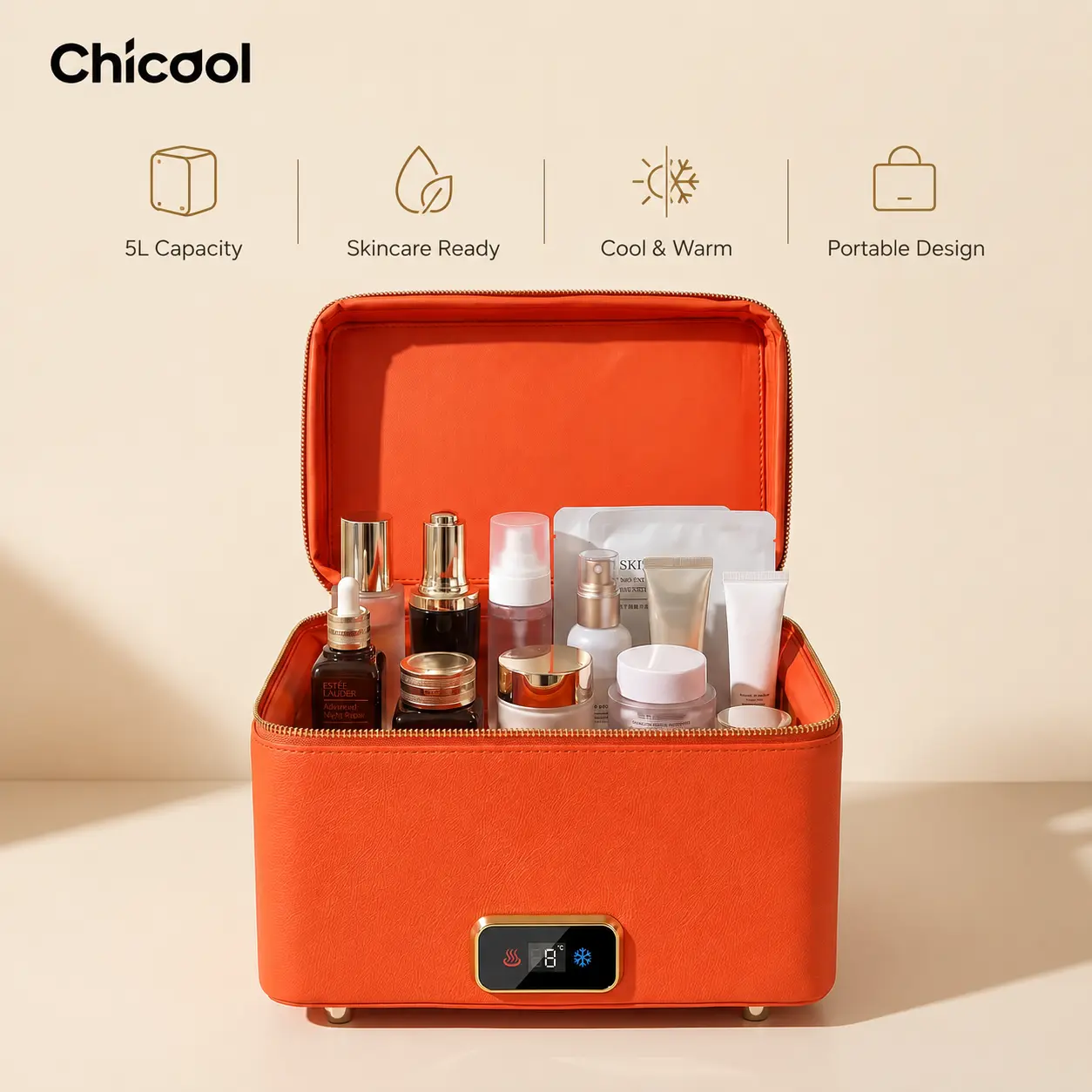 Chicool Compact Mini Fridge, 5L Portable Small Refrigerator,  Desktop Fridge with AC/DC Adapters, Small Cosmetics Cooler for Beverage, Food, Makeup, Bedroom, Office, Dorm, Orange