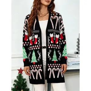 Women’s Christmas Tree Candy Socks Knit Sweater, Casual Long-Sleeve V-Neck Cardigan, Autumn/Winter Fashion, Everyday Wear