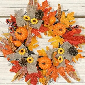Fall Wreaths for Front Door, 18In Fall Wreath, Fall Door Wreath with Sunflower Pumpkin Pine Cones Bow Berry Maple Leaves for Home Thanksgiving Halloween Harvest Festival Door Fall Decor