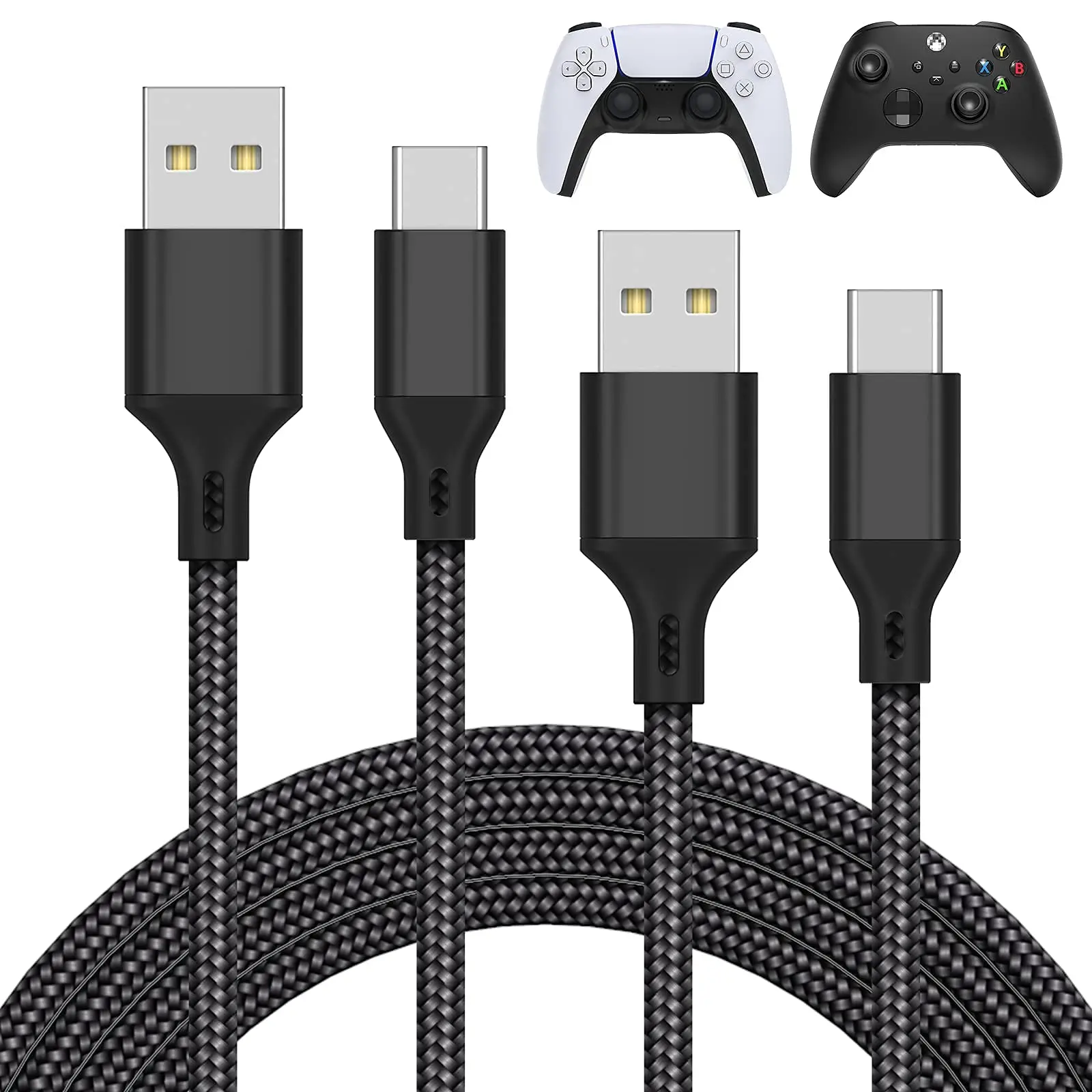 FastSnail Electronic USB-C Charging Cable (2 Pack, 10FT) - Nylon Braided Plug Connector for PS5/PS5 Pro, Xbox Series X/S, Nintendo Switch, PS4 Controllers - Mobile Handy Power Cord